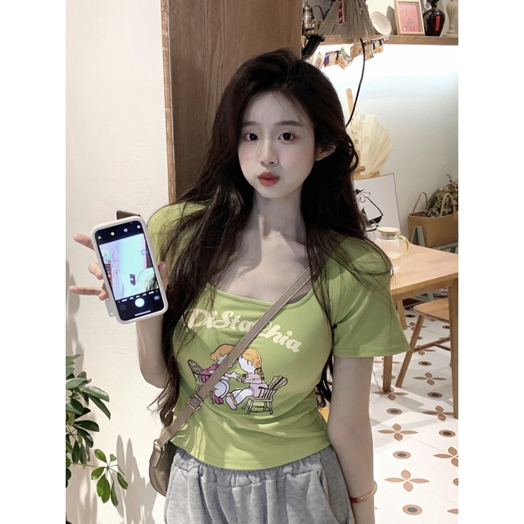 ✜Suhao kaos import wanita kaos wanita korean style lengan pendek kaos pendek perempuan Spice girl square collar large neckline front shoulder short-sleeve t-shirt women summer pure cotton high waist slim fit skinny short top