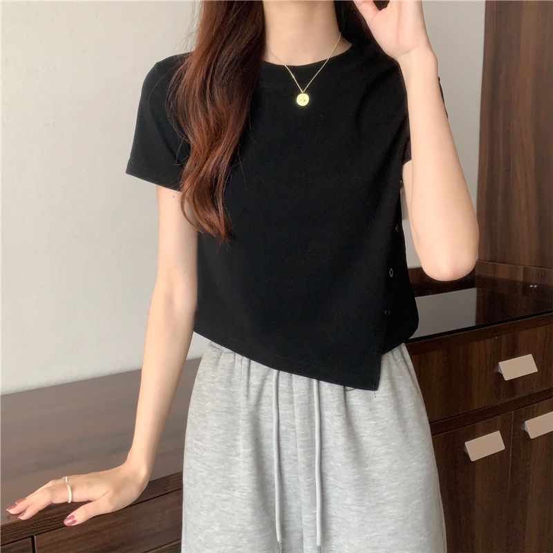 Suhao regular button design sense white short-sleeve t-shirt women s summer sweet hot girl slim fit and thin shoulder short top kaos import wanita kaos wanita korean style lengan pendek kaos pendek perempuan