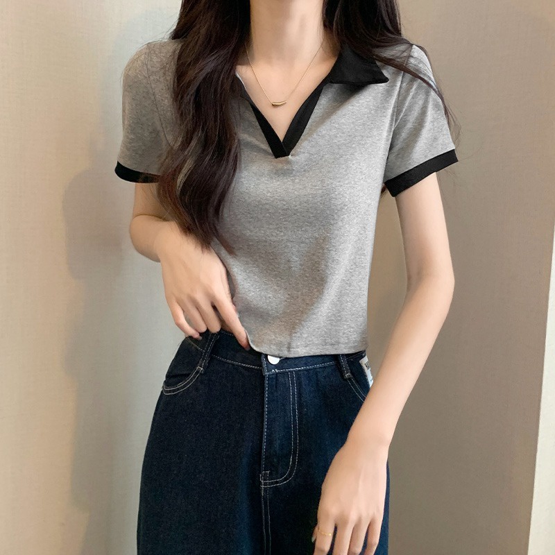 Suhao color contrast stitching pure cotton short-sleeve t-shirt women s 2023 summer new slim fit slim Polo collar short t-shirt top kaos import wanita kaos wanita gaya korea lengan pendek kaos pendek perempuan