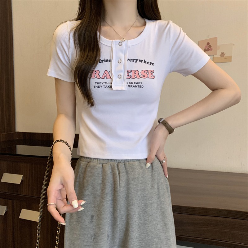 Suhao American Retro Kopi Warna Dicetak Lengan Pendek T-shirt Wanita Musim Panas Rasa Desain Niche Slim Bahu Chic Atasan Pendek Kaos Import Wanita Kaos Wanita Gaya Korea Lengan Pendek Kaos Pendek Perempuan