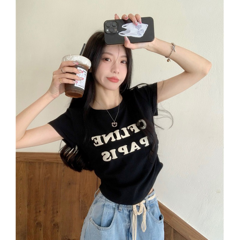 Suhao American style pleated letter print short-sleeve t-shirt women s summer shoulder and waist look thin short hot girl high waist bm top kaos import wanita kaos wanita gaya korea lengan pendek kaos pendek perempuan