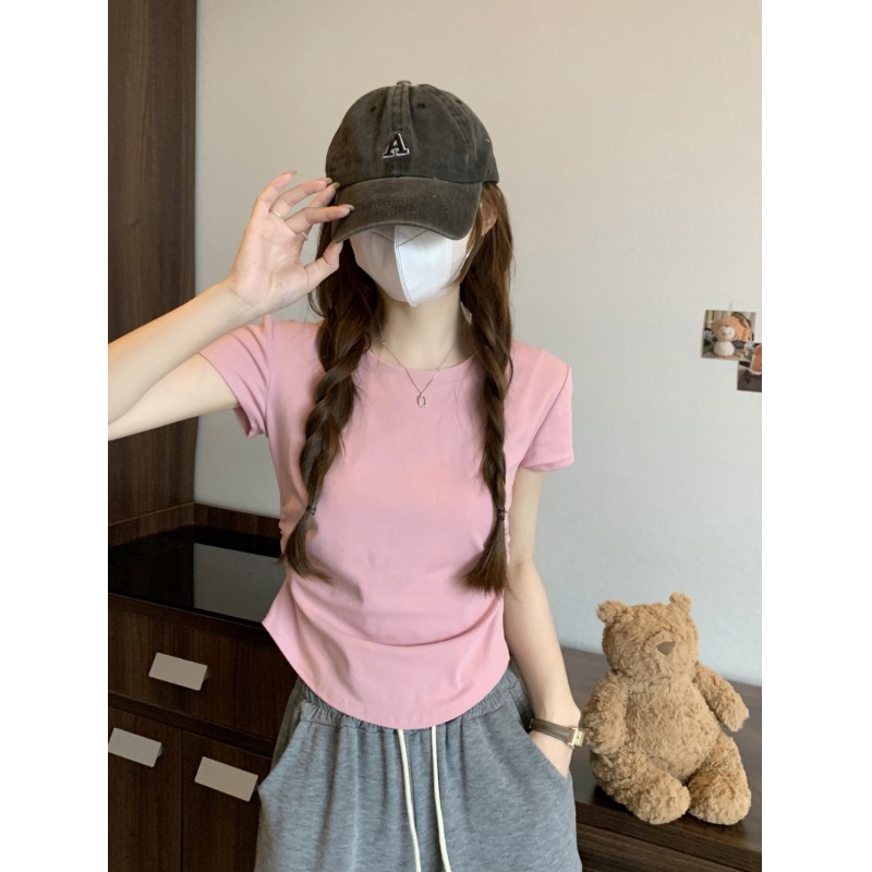 Suhao putih bahu depan lengan pendek t-shirt wanita musim panas 2023 baru melengkung hem lipit slim fit kecil pendek top kaos impor wanita kaos wanita gaya korea lengan pendek kaos pendek perempuan