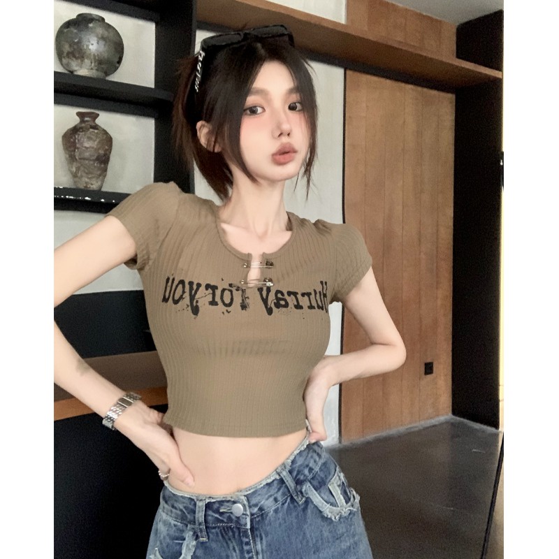 Suhao babes short short shoulder short-sleeve t-shirt women s summer American retro chic design sense bm crop top kaos import wanita kaos wanita gaya korea lengan pendek kaos pendek perempuan