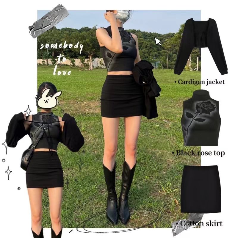 COD##Gothic Crop Top Rose T-shirt Tanktop Wanita+Mini Skirt Rok Pendek+cardigan jacket wanita