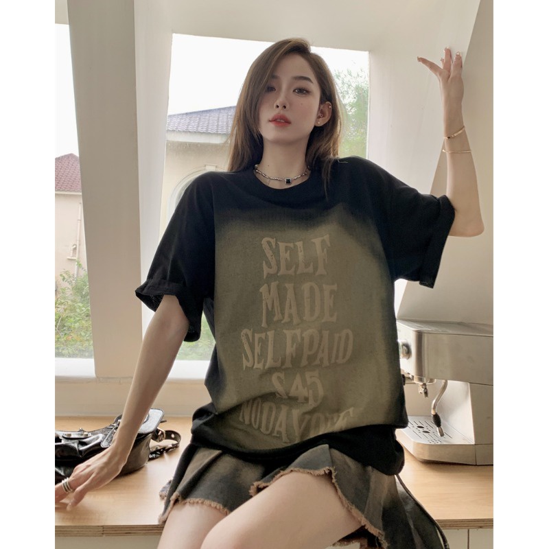 Suhao American Retro Gradien Huruf Lengan Pendek T-shirt Wanita Musim Panas High Street Longgar Tipis T-shirt Panjang Setengah Lengan Atasan Kaos Import Wanita Kaos Wanita Gaya Korea Lengan Pendek Kaos Pendek Perempuan