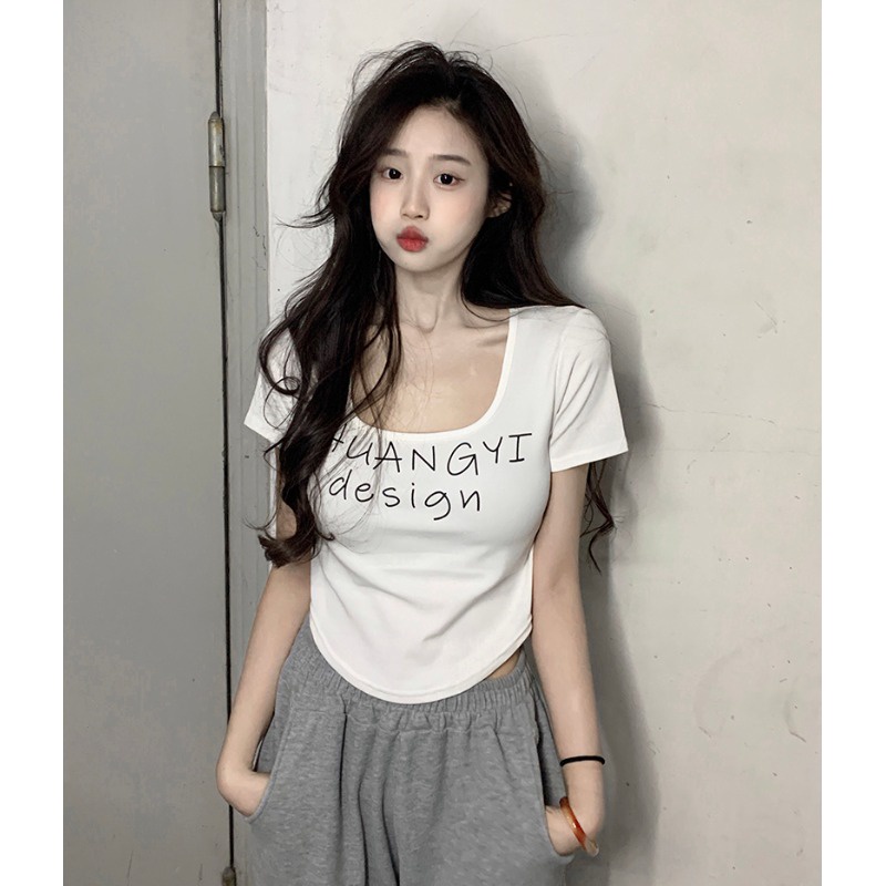 Suhao American hot girl pure desire square collar front shoulder short-sleeve t-shirt women s summer regular large neckline slim fit tight short top kaos import wanita kaos wanita gaya korea lengan pendek kaos pendek perempuan