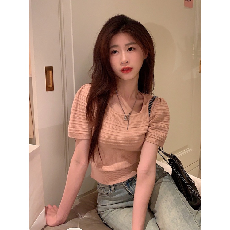 Suhao French puff sleeve square collar front shoulder T-shirt women s summer new thin section ice silk knitted short-sleeve sweet and spicy short top kaos import wanita kaos wanita korean style lengan pendek kaos pendek perempuan