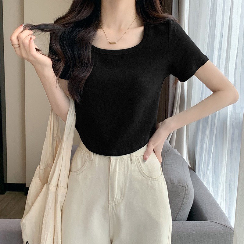 Suhao warna solid French square collar hot girl milk apricot short-sleeve top musim semi dan musim panas pure desire T-shirt female slim bottoming shirt inner wear kaos import wanita kaos wanita gaya korea lengan pendek kaos pendek perempuan