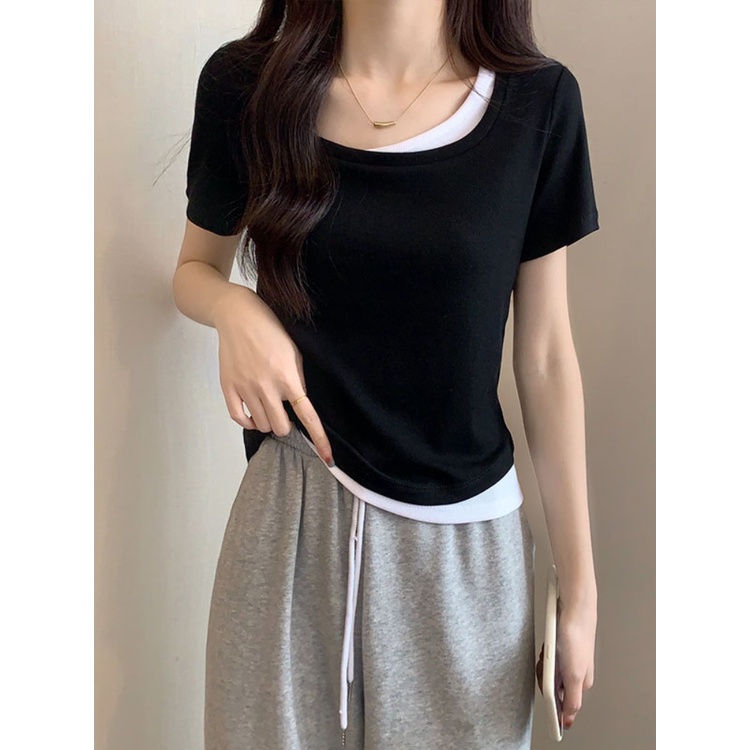 Suhao Fake Two-piece Square Collar T-shirt Lengan Pendek Wanita 2023 Musim Panas Desain Baru Rasa Niche Pendek Slim Top Trendi Kaos Import Wanita Kaos Wanita Gaya Korea Lengan Pendek Kaos Pendek Perempuan