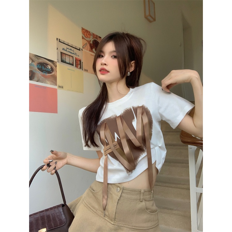 Suhao American style retro hot girl style short top women s summer design sense niche non-collision style front shoulder short-sleeve white T-shirt kaos import wanita kaos wanita gaya korea lengan pendek kaos pendek perempuan