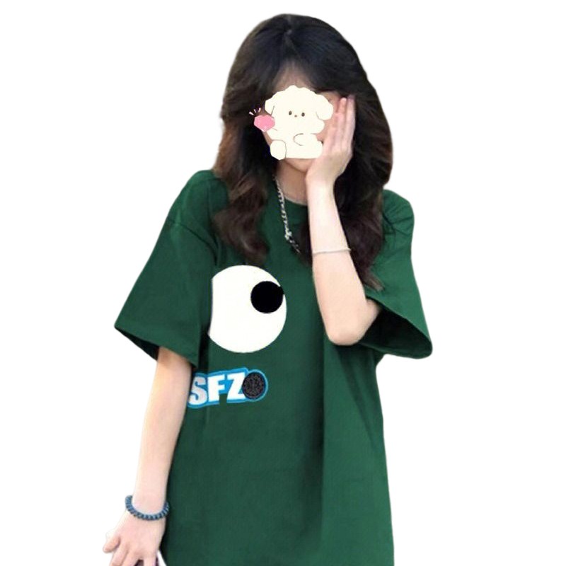 Suhao hijau tua dicetak t-shirt lengan pendek wanita desain musim panas perasaan ceruk longgar dan tipis gaya Amerika bahu depan setengah lengan atas in kaos impor wanita kaos wanita gaya korea lengan pendek kaos pendek perempuan