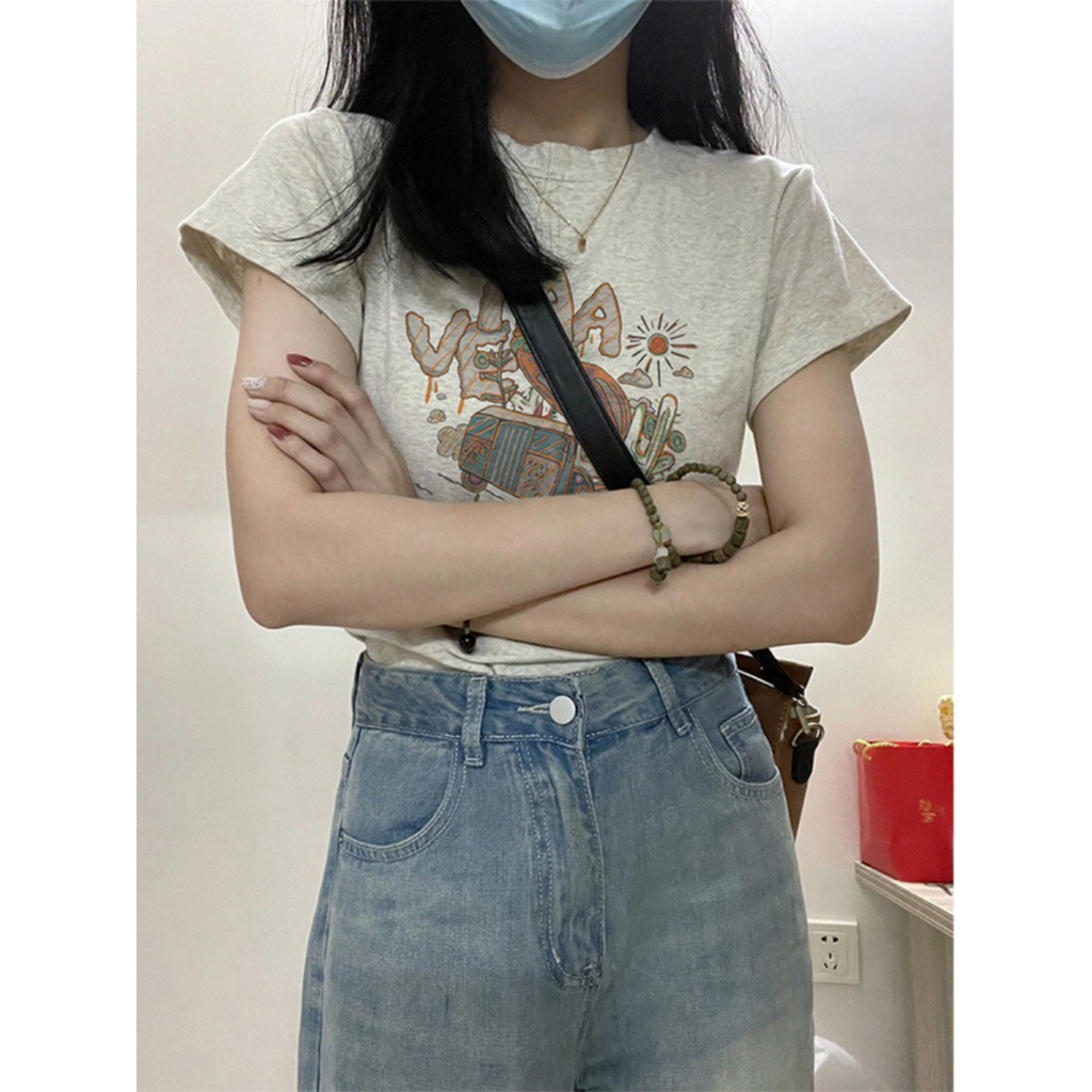 Suhao front shoulder short-sleeve t-shirt women s summer new dopamine wear high-quality kecil slim slim top kaos import wanita kaos wanita gaya korea lengan pendek kaos pendek perempuan