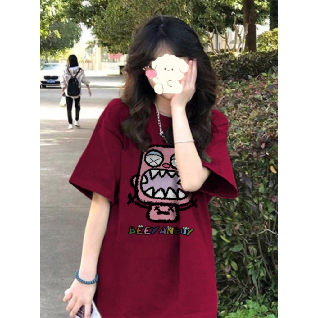 Suhao wine red front shoulder short-sleeve t-shirt women s summer 2023 new oversize trendy brand small dopamine top kaos import wanita kaos wanita gaya korea lengan pendek kaos pendek perempuan