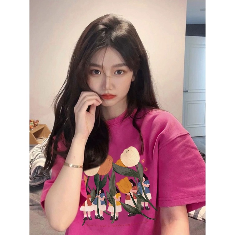 ▧☊∈Suhao kaos import wanita kaos wanita korean style lengan pendek kaos pendek perempuan dragon fruit pink front shoulder short-sleeved t-shirt female small summer 2023 new tulip half-sleeved dopamine top