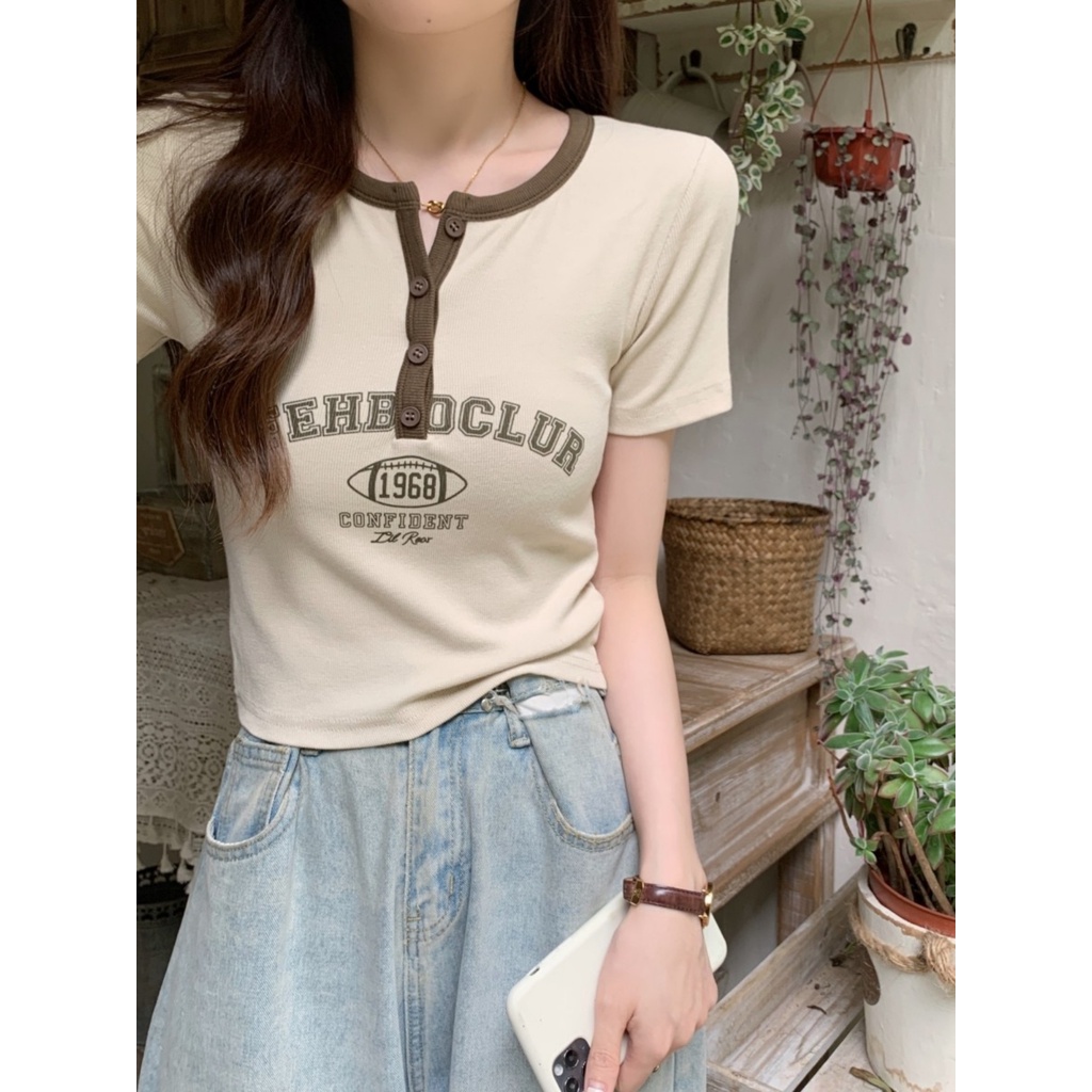 ✇Suhao kaos import wanita kaos wanita gaya korea lengan pendek kaos pendek perempuan American retro bahu depan lengan pendek t-shirt wanita desain musim panas ceruk hot girl slim fit shirt chic short top