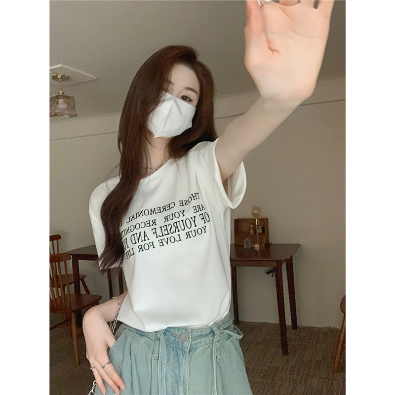 ►■¤Suhao kaos import wanita kaos wanita gaya korea lengan pendek kaos pendek perempuan American retro lengan pendek longgar t-shirt pasang merek wanita musim panas huruf desain rasa ceruk leher bulat bahu atas