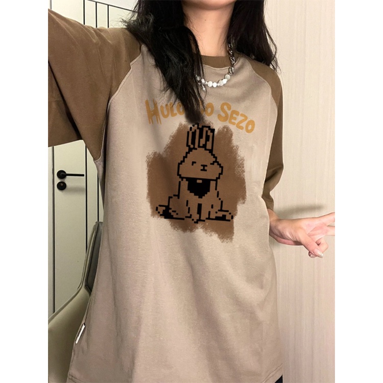 ♠☊Suhao kaos import wanita kaos wanita gaya korea lengan pendek kaos pendek perempuan American heavy brown raglan shoulder fake two-piece short-sleeved t-shirt summer rabbit splicing contrast color top design sense women