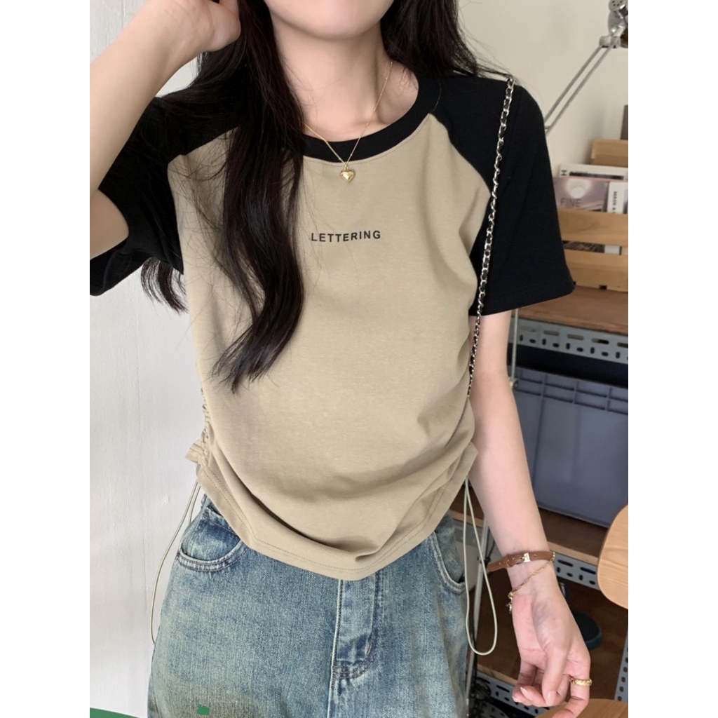 ✲✱Suhao kaos import wanita kaos wanita gaya korea lengan pendek kaos pendek perempuan American retro regular drawstring short-sleeved T-shirt women s summer slim-fit raglan sleeve T-shirt contrasting color hot girl jacket