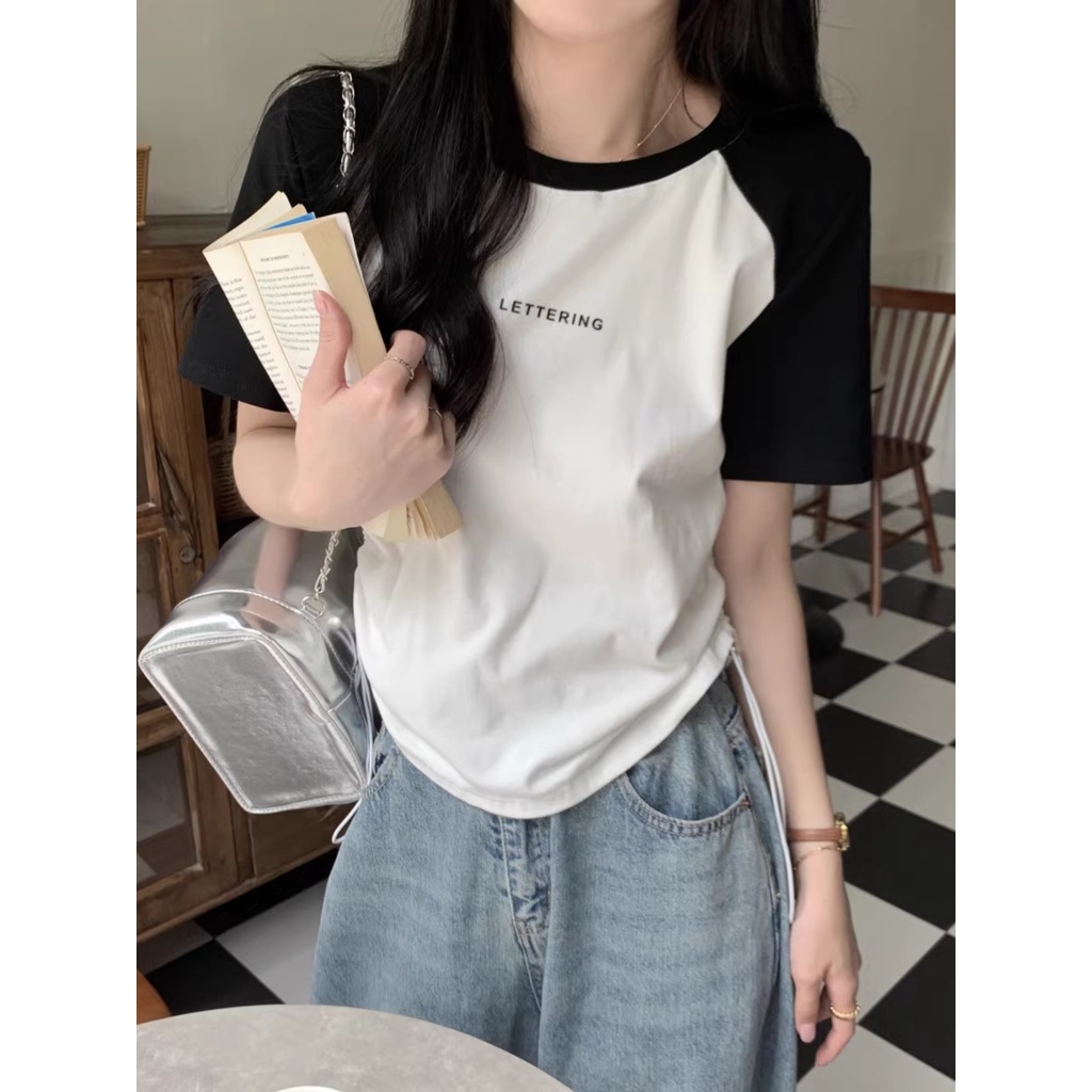 ✲✱Suhao kaos import wanita kaos wanita gaya korea lengan pendek kaos pendek perempuan American retro regular drawstring short-sleeved T-shirt women s summer slim-fit raglan sleeve T-shirt contrasting color hot girl jacket