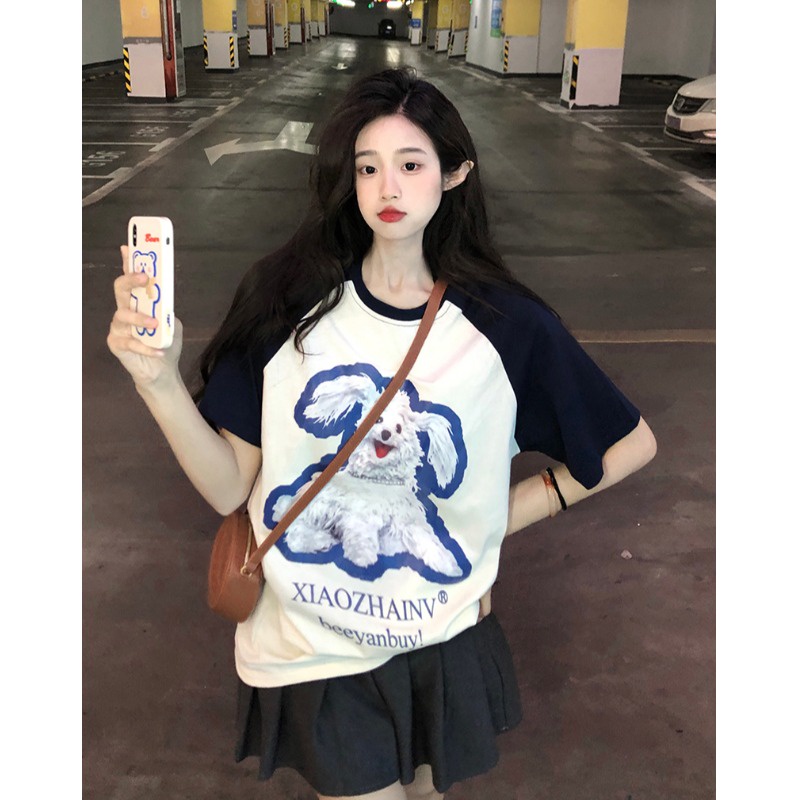 ✖Suhao kaos import wanita kaos wanita gaya korea lengan pendek kaos pendek perempuan American retro color contrast raglan shoulder short-sleeve t-shirt women s summer design sense cartoon print all-match loose half-sleeve top