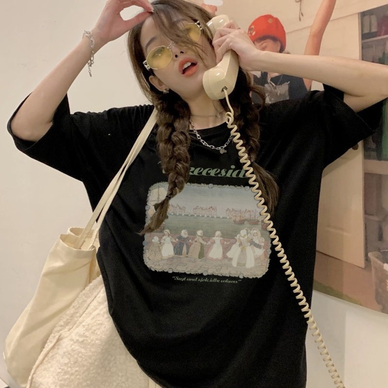 ☇☏▥Suhao kaos import wanita kaos wanita gaya korea lengan pendek kaos pendek perempuan American retro vintage katun lengan pendek t-shirt wanita musim panas pasangan kualitas tinggi longgar ceruk ukuran besar tren teratas