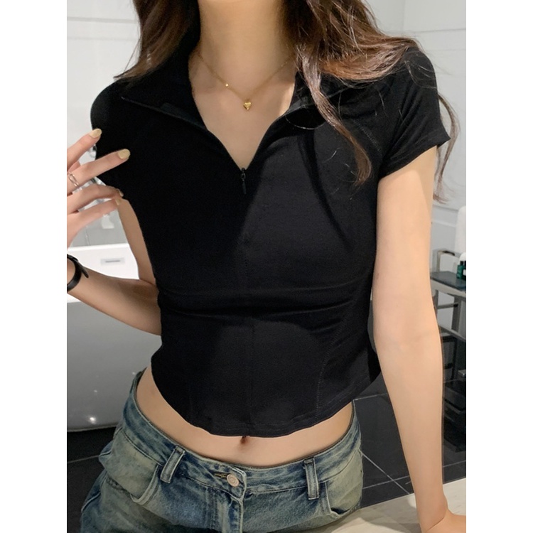 ▽Suhao kaos import wanita kaos wanita gaya korea lengan pendek kaos pendek perempuan sweet and spicy American style front shoulder short-sleeve t-shirt women s summer design sense niche zipper lapel tight waist short top