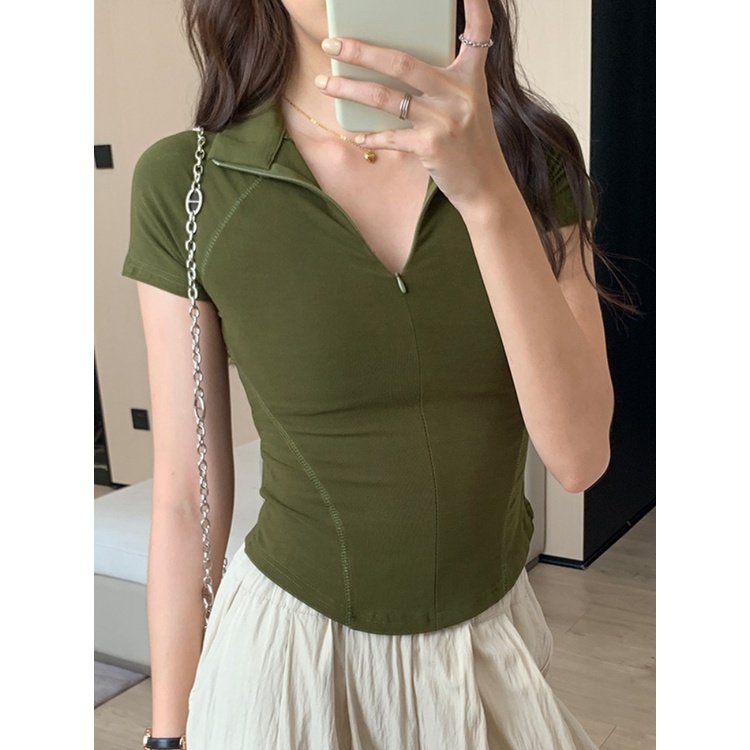 ▽Suhao kaos import wanita kaos wanita gaya korea lengan pendek kaos pendek perempuan sweet and spicy American style front shoulder short-sleeve t-shirt women s summer design sense niche zipper lapel tight waist short top