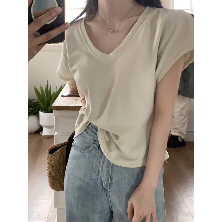 ☑♤☫Suhao kaos import wanita kaos wanita gaya korea lengan pendek kaos pendek perempuan Korean simple U-neck short-sleeve t-shirt women s summer new niche flying sleeves all-match loose thin short top thin