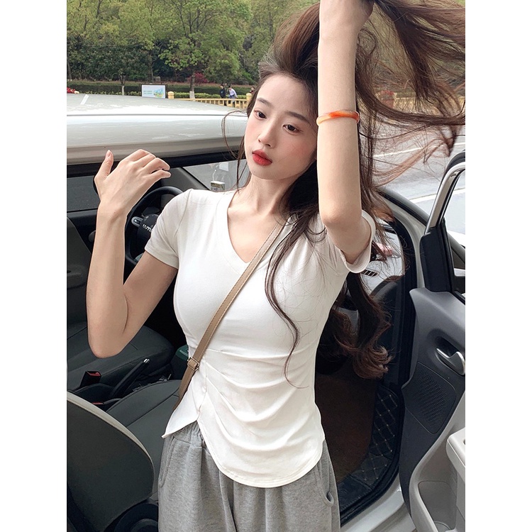 △❁Suhao kaos import wanita kaos wanita gaya korea lengan pendek kaos pendek perempuan putih v-neck bahu depan lengan pendek t-shirt wanita musim panas slim slim sexy pure desire irregular cotton short top