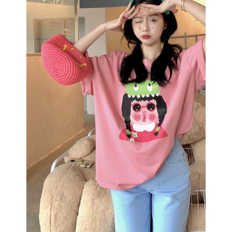 ✈◑▩Suhao kaos import wanita kaos wanita gaya korea lengan pendek kaos pendek perempuan American retro pink front shoulder short-sleeve t-shirt women s summer summer pure cotton half-sleeve T-shirt oversize casual top