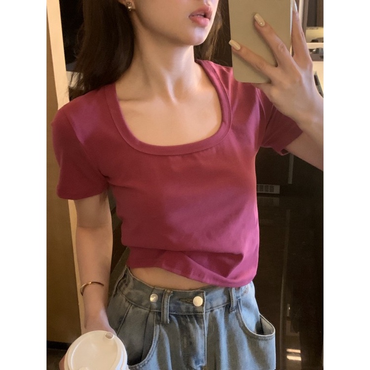 ♨▥♠Suhao kaos import wanita kaos wanita gaya korea lengan pendek kaos pendek perempuan 2023 summer new ins trendy square neck short top design sense niche high-end front shoulder short-sleeve t-shirt women