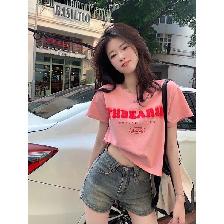 ◊✢Suhao kaos import wanita kaos wanita gaya korea lengan pendek kaos pendek perempuan letter printing pink cotton front shoulder short-sleeve t-shirt women summer loose slimming all-match short high waist top ins