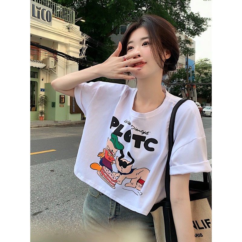 ❦○Suhao kaos import wanita kaos wanita gaya korea lengan pendek kaos pendek perempuan kartun dicetak kapas lengan pendek wanita musim panas baru longgar dan serbaguna setengah lengan t-shirt tinggi pinggang pendek putih top in