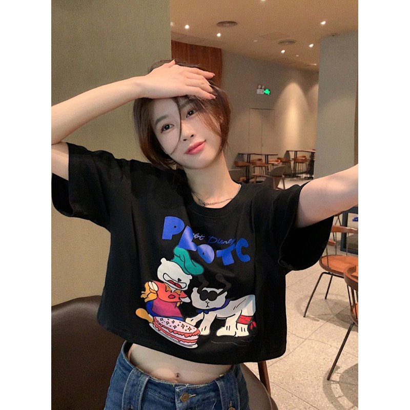 ❦○Suhao kaos import wanita kaos wanita gaya korea lengan pendek kaos pendek perempuan kartun dicetak kapas lengan pendek wanita musim panas baru longgar dan serbaguna setengah lengan t-shirt tinggi pinggang pendek putih top in