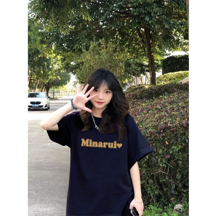 ▩☾Suhao kaos import wanita kaos wanita gaya korea lengan pendek kaos pendek perempuan Tibet biru Eropa dan Amerika retro high street phantom letter short-sleeve t-shirt women s summer loose and thin shoulder cotton top