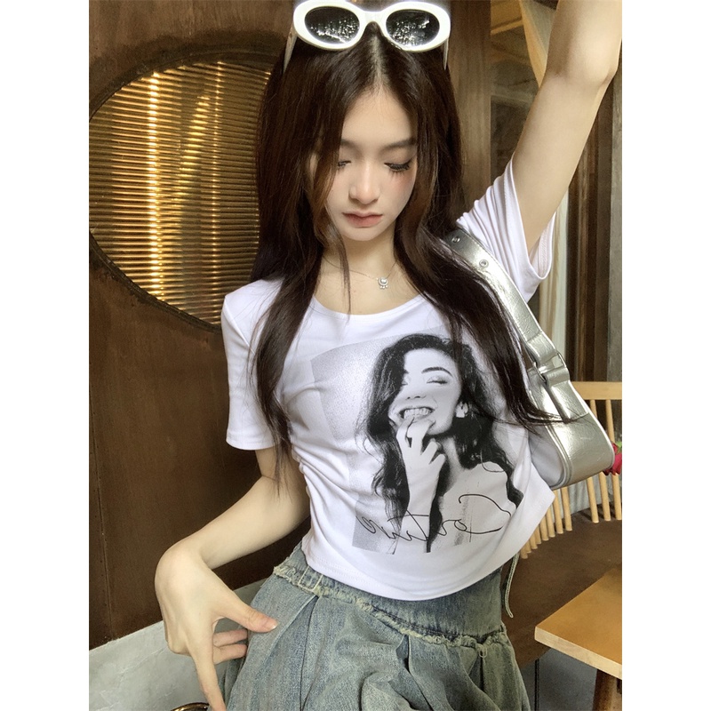 ₪Suhao kaos import wanita kaos wanita gaya korea lengan pendek kaos pendek perempuan sweet and spicy printed American style front shoulder pure cotton short-sleeve t-shirt women s 2023 new summer slim short irregular top