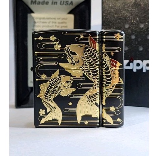 Zippo Original Twin Koi Fish Black and Gold Plated 2 sisi Japan