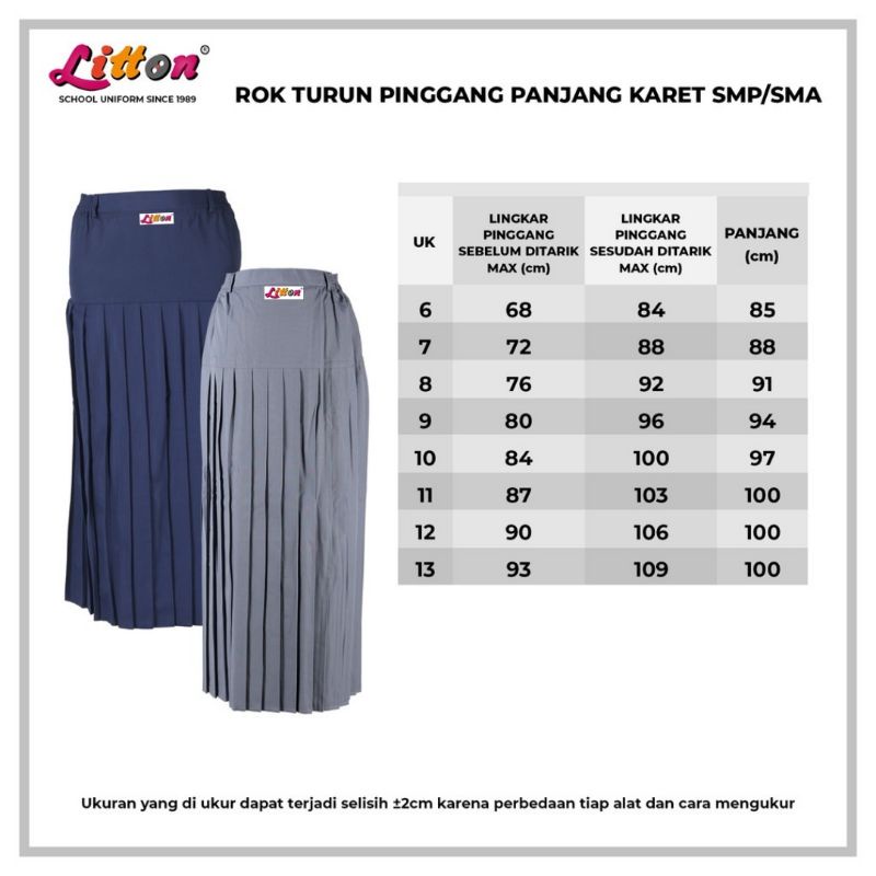 LITTON Rok Sekolah Span Plisir SMP - SMA abu putih hitam Panjang Turun Pinggang Karet Jumbo / Seragam Sekolah SMP SMA