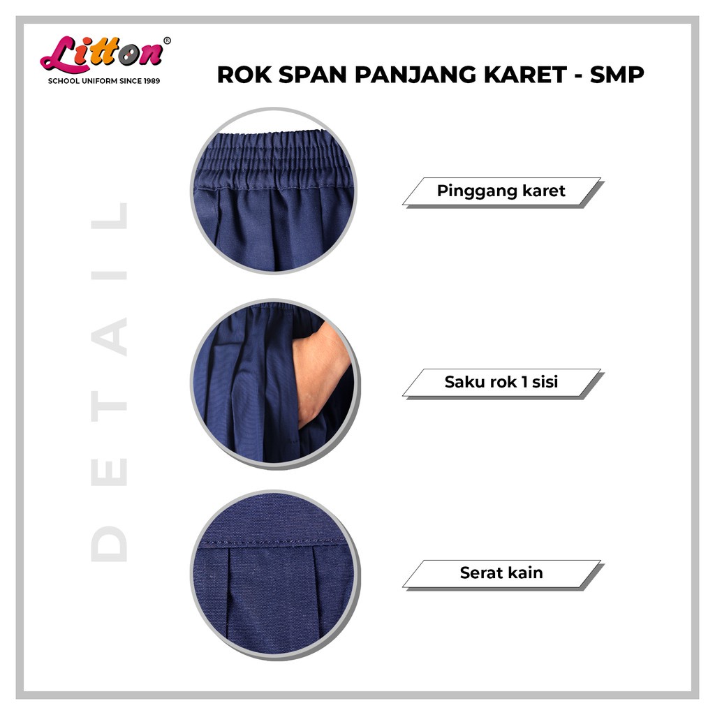 LITTON Rok Sekolah Span Panjang SMP Biru Putih Hitam Pinggang Karet / Seragam Sekolah SMP