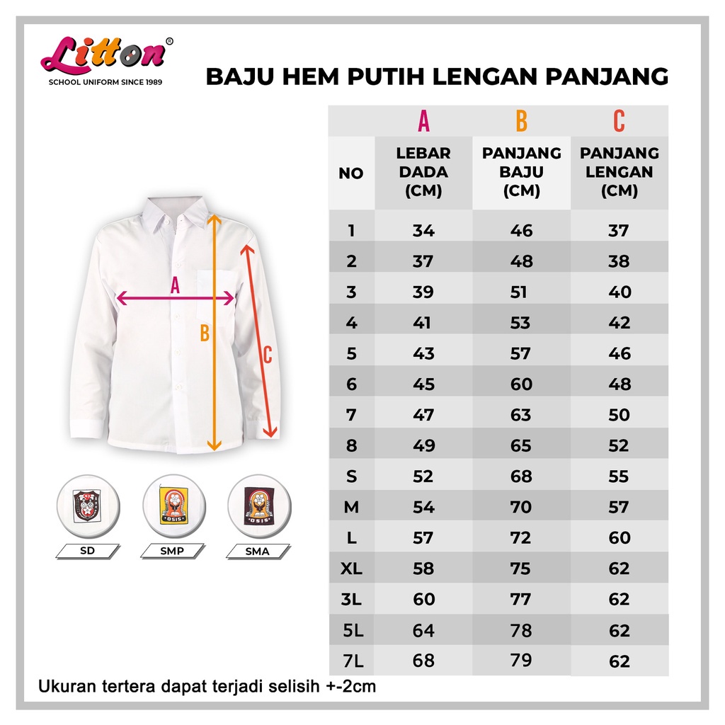 LITTON Baju Seragam Sekolah Lengan Panjang Polos Tanpa Badge / Seragam Sekolah Ukuran Jumbo Big Size