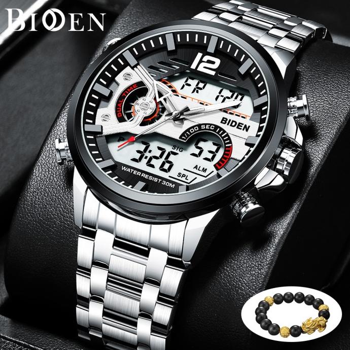 BIDEN Jam Tangan Pria Tali Stainless Steel Analog&Digital Bisnis Jam