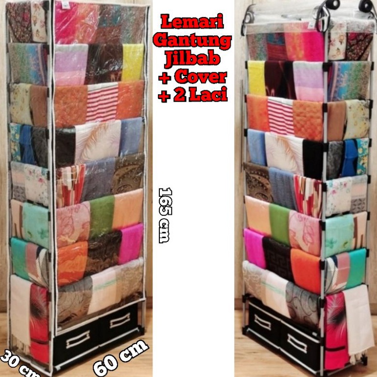 Terbaru.. Lemari 9 Tingkat + 2 Laci Gantung Jilbab Penutup Cover Anti Debu Transparan Bening Rak Gan