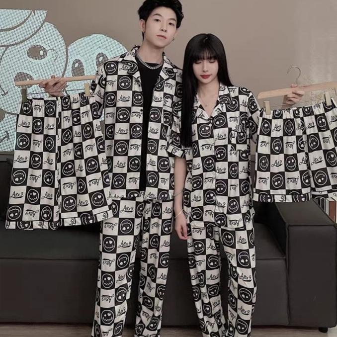 SET BAJU TIDUR PIYAMA 3IN1 COUPLE SUAMI ISTRI PRIA WANITA IMPORT
