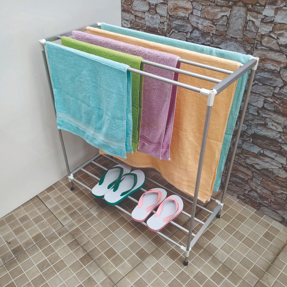 TREN TERBARU|| JEMURAN HANDUK ALUMINIUM / RAK HANDUK BERDIRI Knockdown 5 HANDUK + Tempat sepatu/sand