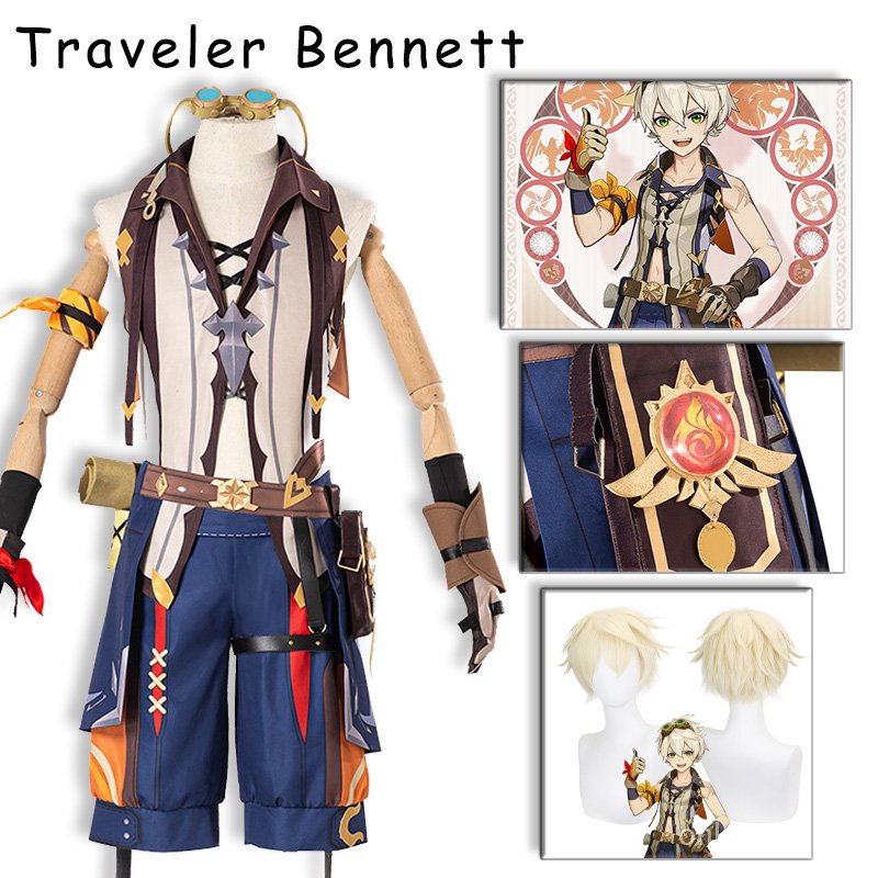 Genshin Impact Traveler Bennett Cosplay Costume Uniform Wig Halloween Party Carnival Outfit Men Wome