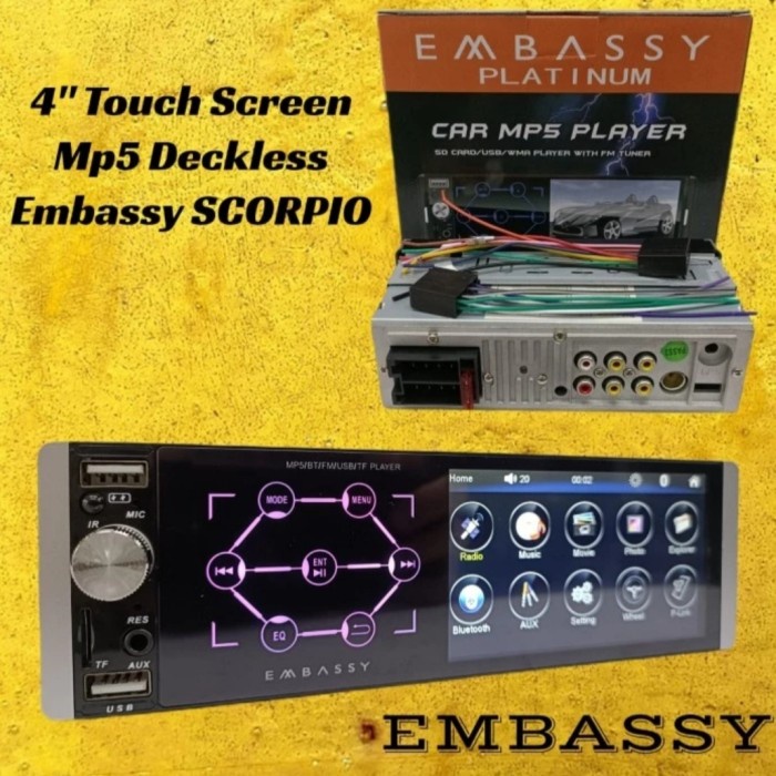 Terlaris Tape Mobil Single Din Embassy Mp5 Layar Sentuh Lcd 4 Inch