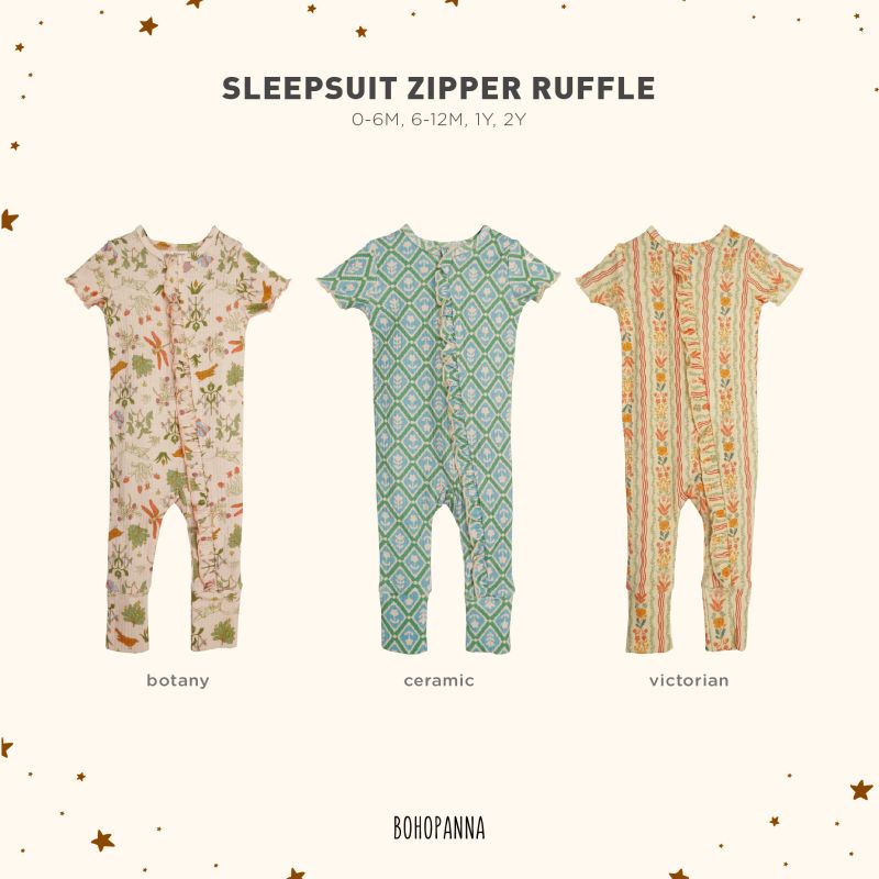 Sleepsuit Zipper Ruffle Bohopanna  B50 / Sleepsuit Bayi Motif / Sleepsuit Bayi Perempuan / Sleepsuit Bayi Perempuan Bohopanna