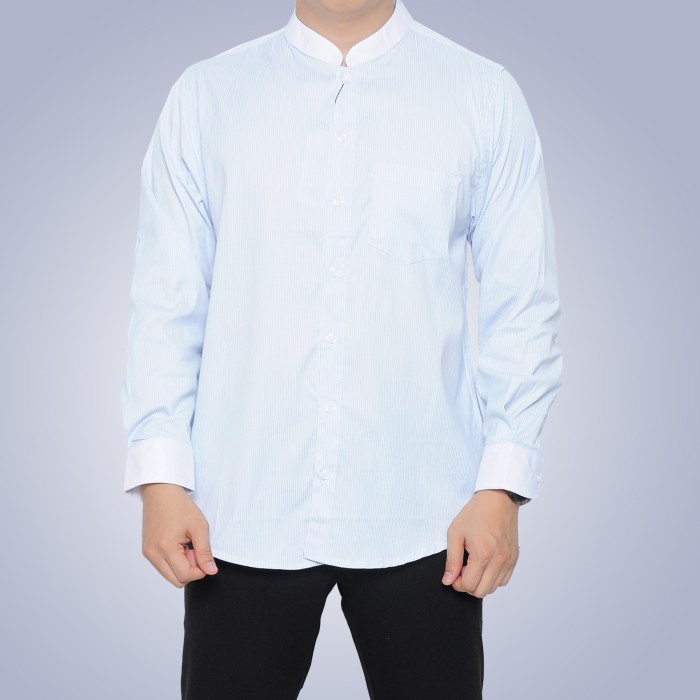 Kemeja Panjang Pria Cowok Motif Salur Garis Abu Biru Kerah Shanghai