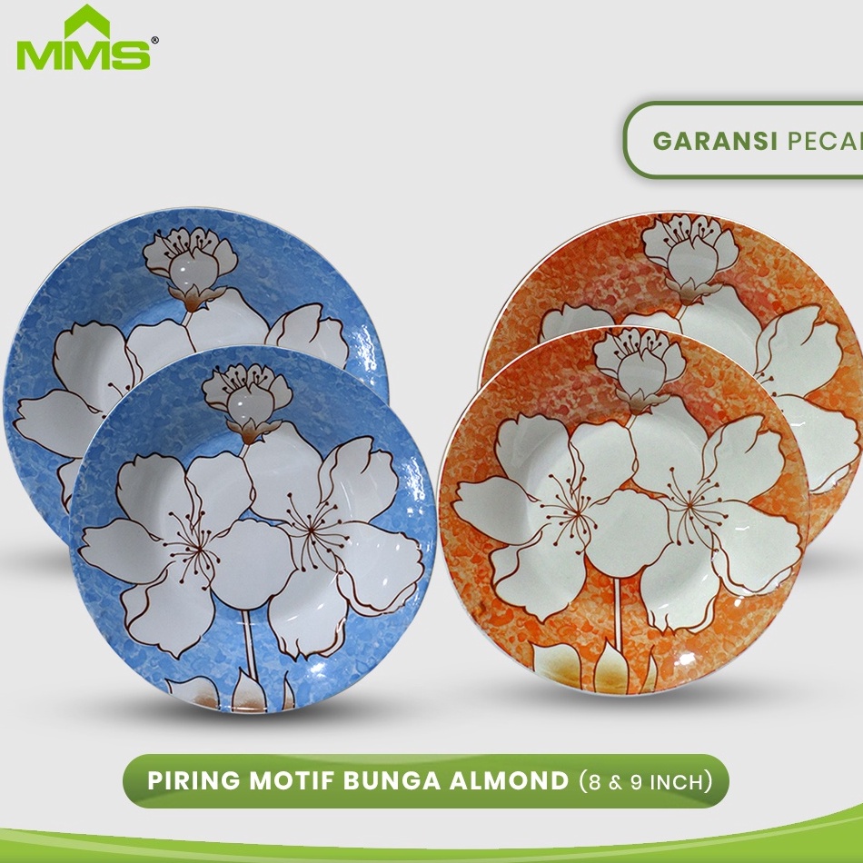 Weekday10.10 Piring Makan Bulat Keramik Motif Bunga Biru Orange 8 Inch 9 Inch Whiteline MMS 132♫