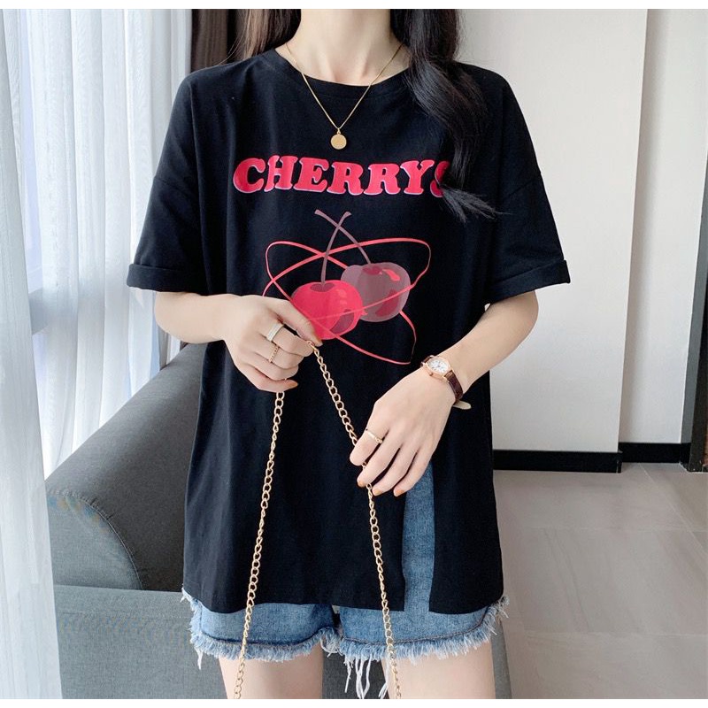 Oversize Tee Wanita Model Slit Samping Motif Cherry